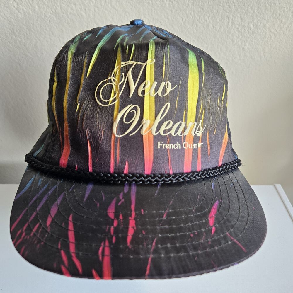 Vtg 80s Black Neon New Orleans French‎ Quarter Rope Hat Nylon Cap Adjustable